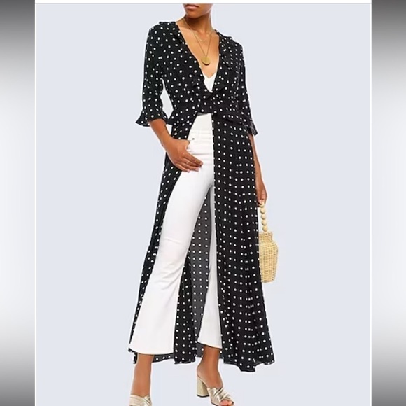 We Are Leone Ruby Ruffle Black Polka Dot 100% Silk Maxi Cardigan XS/S - Picture 1 of 12